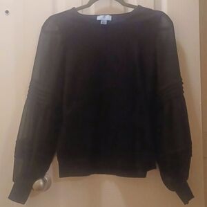 CeCe Black Pullover Long Sleeve Top with Sheer Ballon Sleeves - Size XS